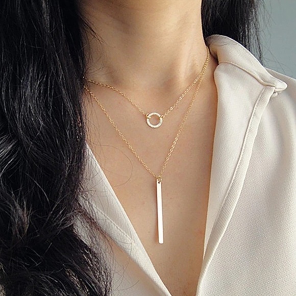 Jewelry - Gold Circle Bar Tassel Pendant Layered Necklace